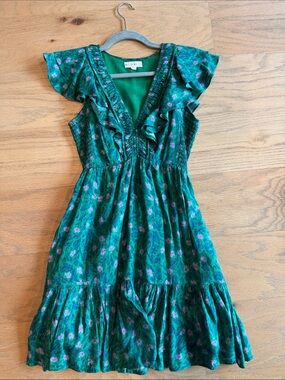 Roller Rabbit Green Floral Ruffle V-Neck Dress XS